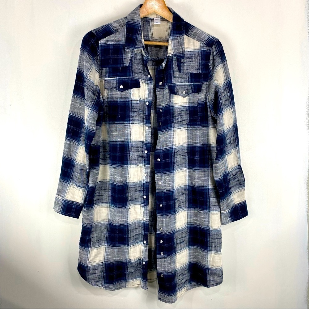 Old Navy Plaid Flannel Pearl Full Snap Up Down Mini Shirt Dress Size Small (NWT)